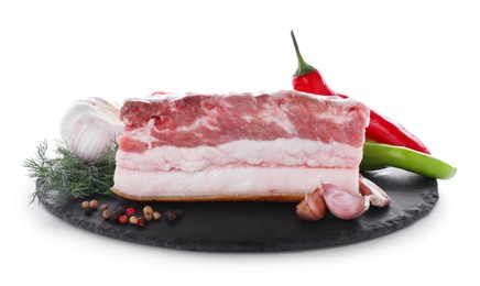 Photo of Piece of pork fatback served with different ingredients isolated on white