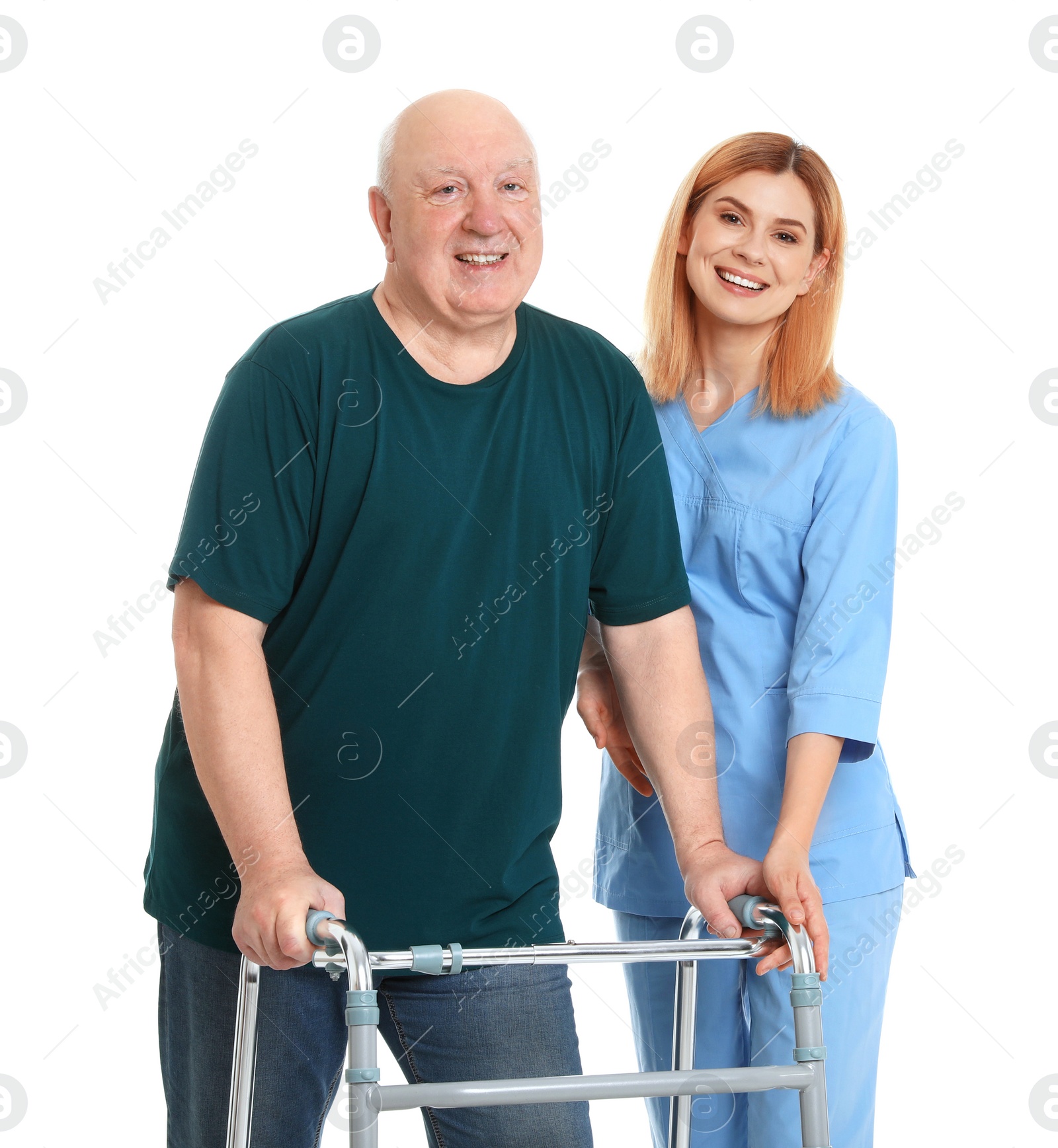 Photo of Caretaker helping elderly man with walking frame on white background