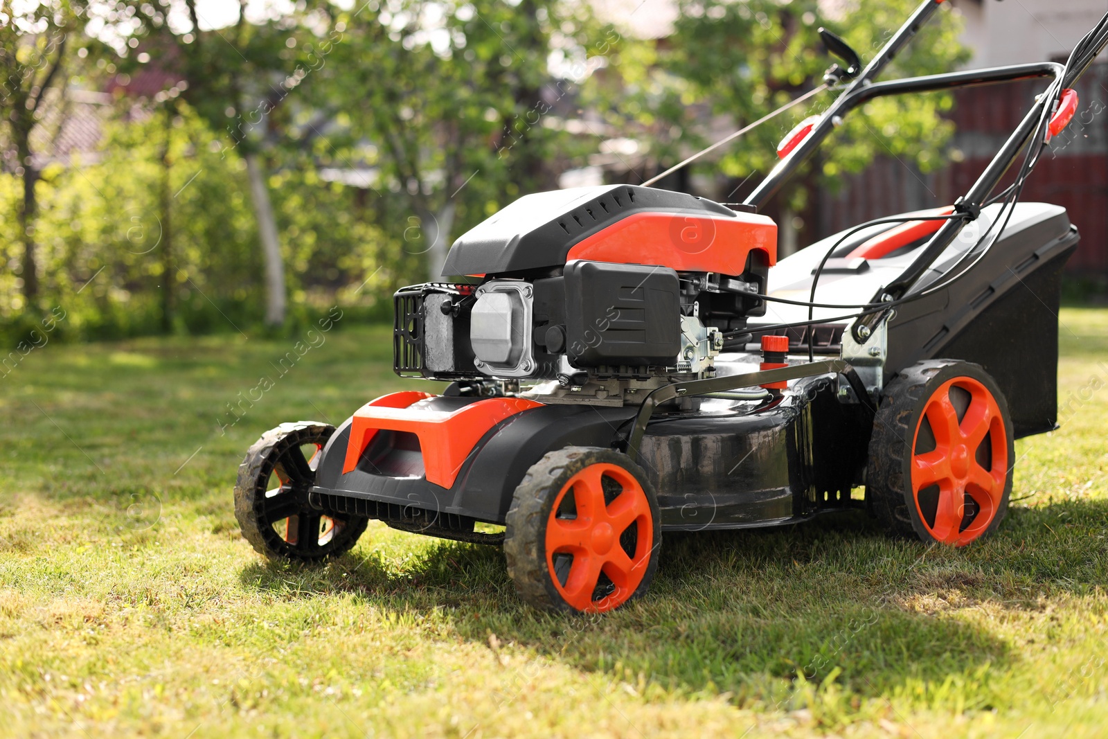 Photo of Modern lawn mower on green grass in garden