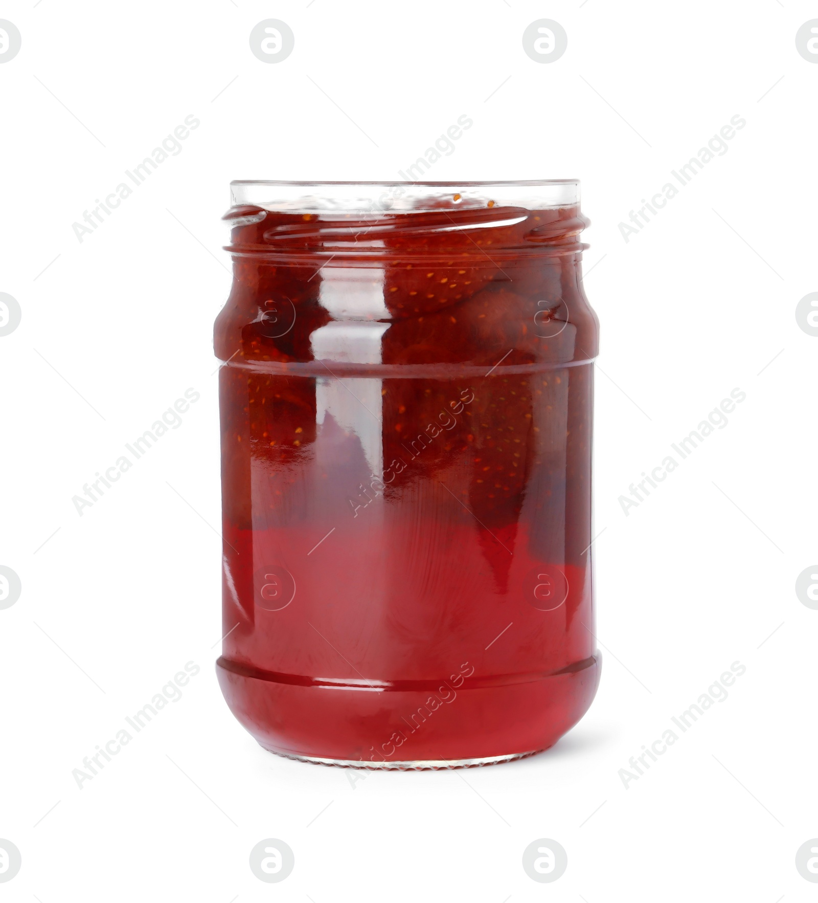 Photo of Delicious pickled strawberry jam in glass jar isolated on white