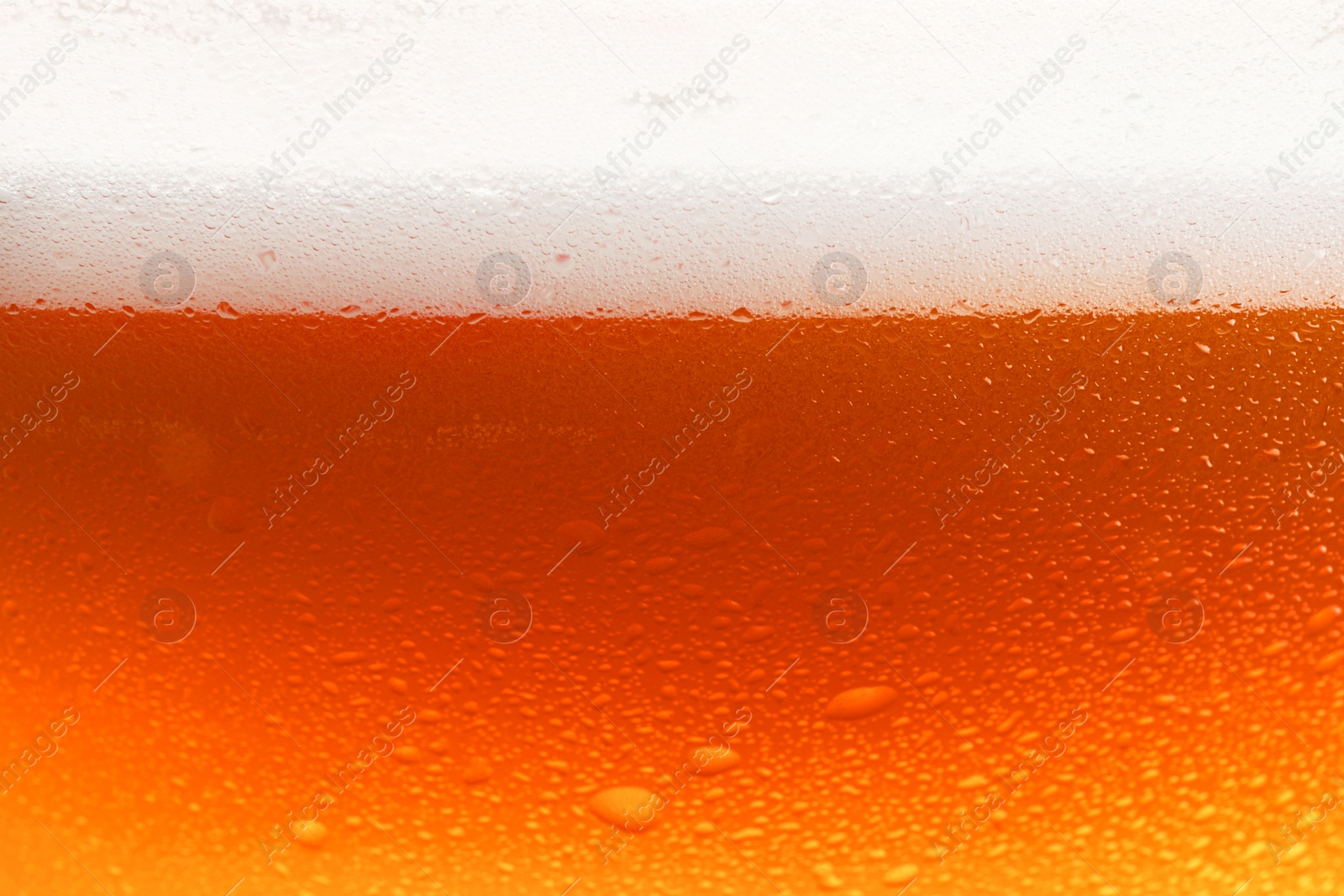 Photo of Glass of tasty cold beer with foam and condensation drops, closeup