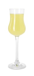 Photo of Liqueur glass with tasty limoncello isolated on white