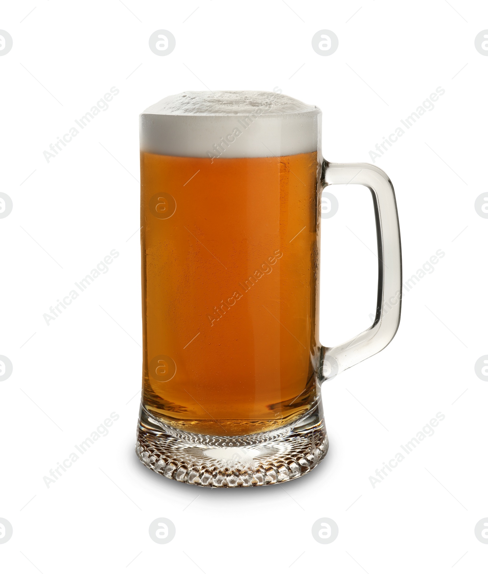 Photo of Glass mug of tasty light beer on white background