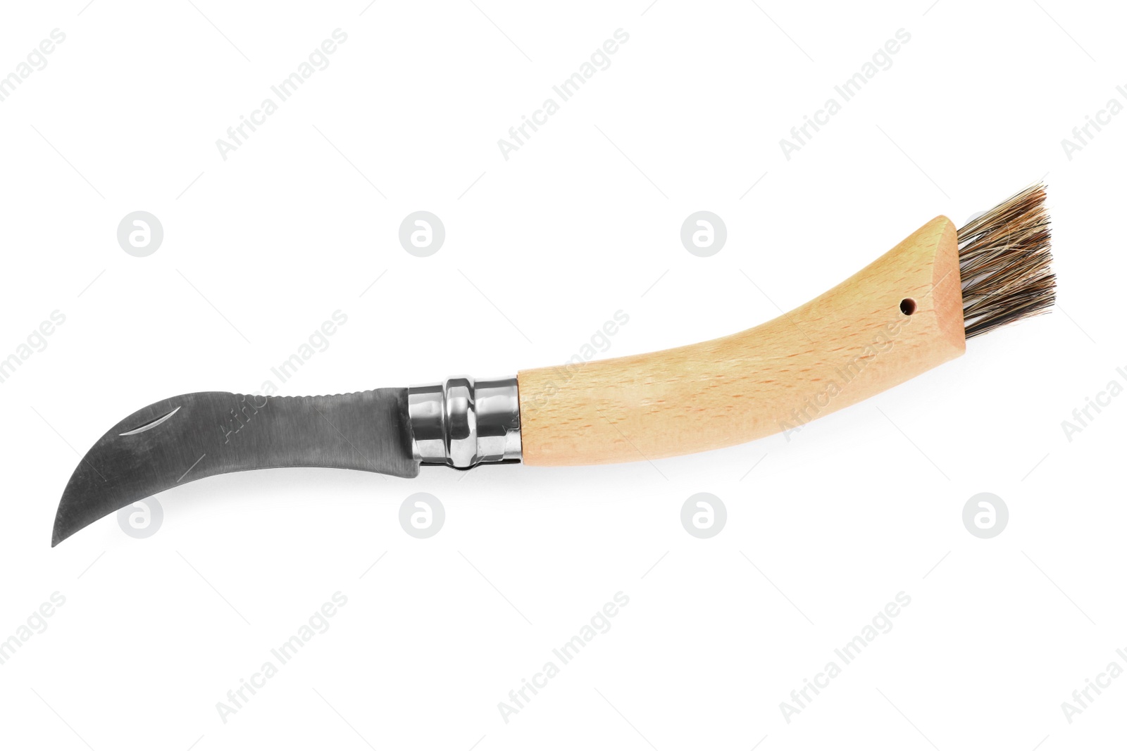 Photo of Mushroom knife with brush isolated on white, top view