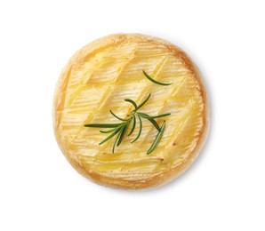 Tasty baked brie cheese with rosemary isolated on white, top view