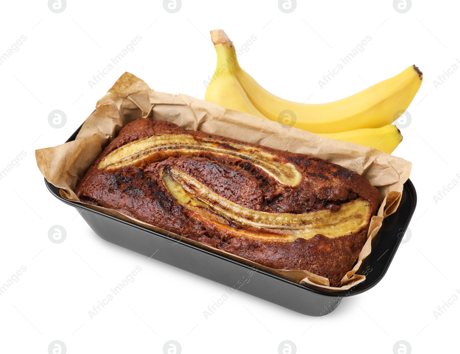 Photo of Delicious homemade banana bread and fresh fruits isolated on white
