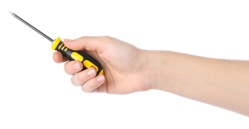 Photo of Woman holding screwdriver on white background, closeup