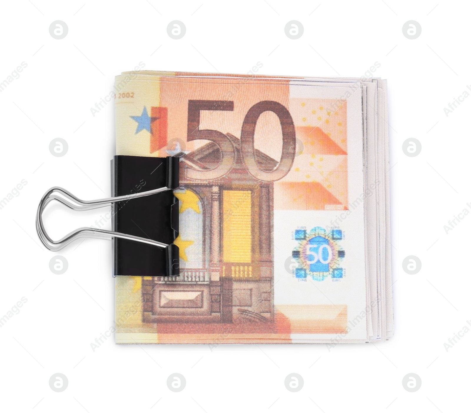 Photo of 50 Euro banknotes with clip isolated on white, top view. Money exchange