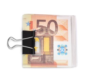 Photo of 50 Euro banknotes with clip isolated on white, top view. Money exchange