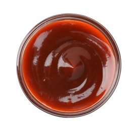 Photo of Tasty barbecue sauce in bowl isolated on white, top view