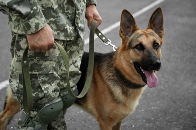 Photo of Man in military uniform with German shepherd dog outdoors, closeup