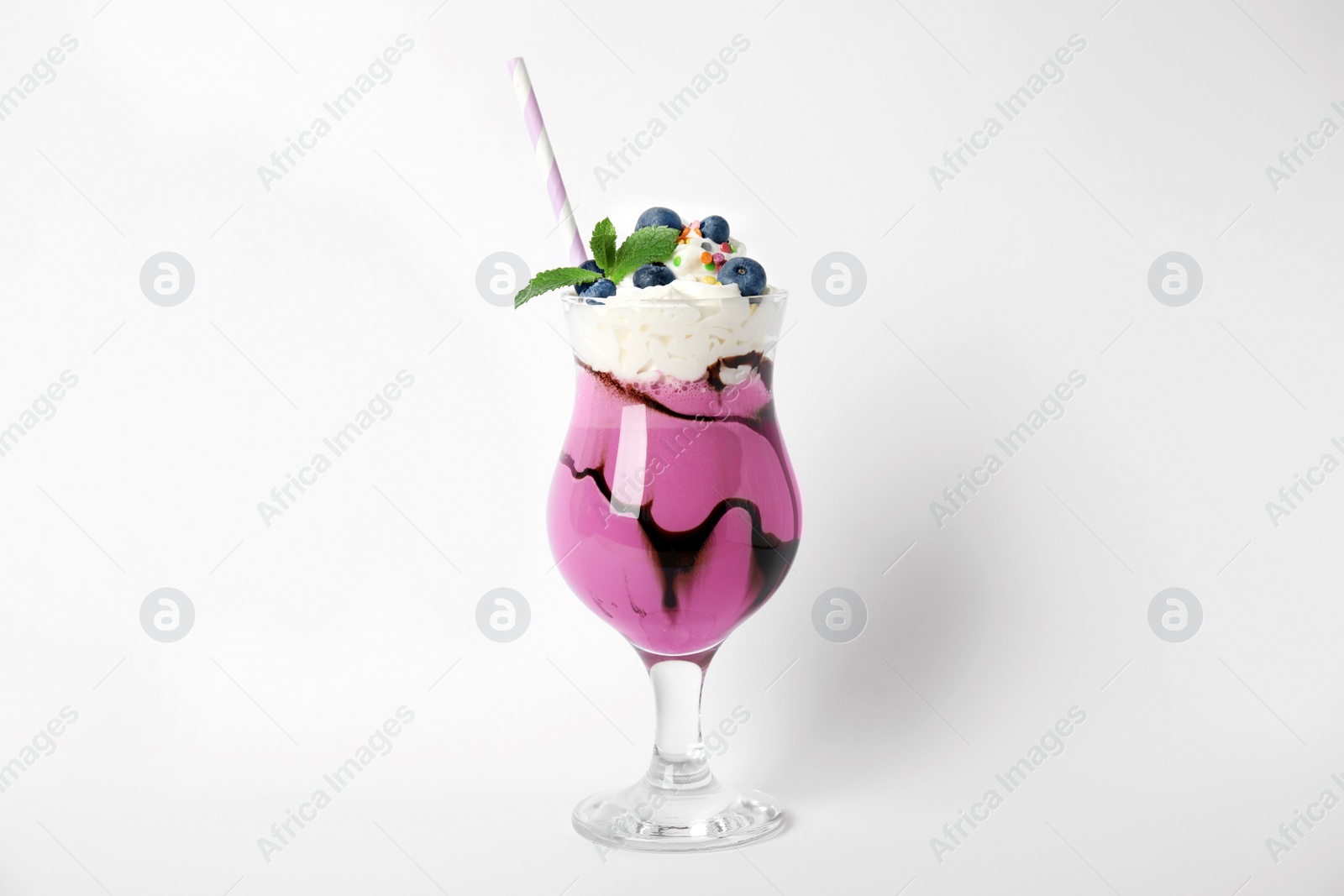 Photo of Glass of tasty milk shake on white background