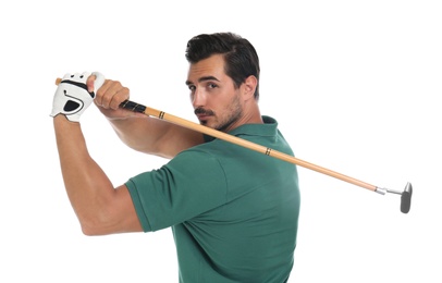 Young man playing golf on white background