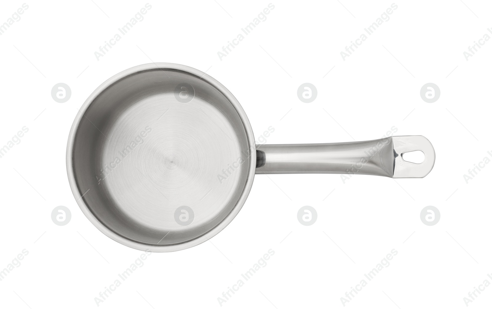 Photo of One steel saucepan isolated on white, top view