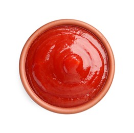 Tasty ketchup in bowl isolated on white, top view. Tomato sauce