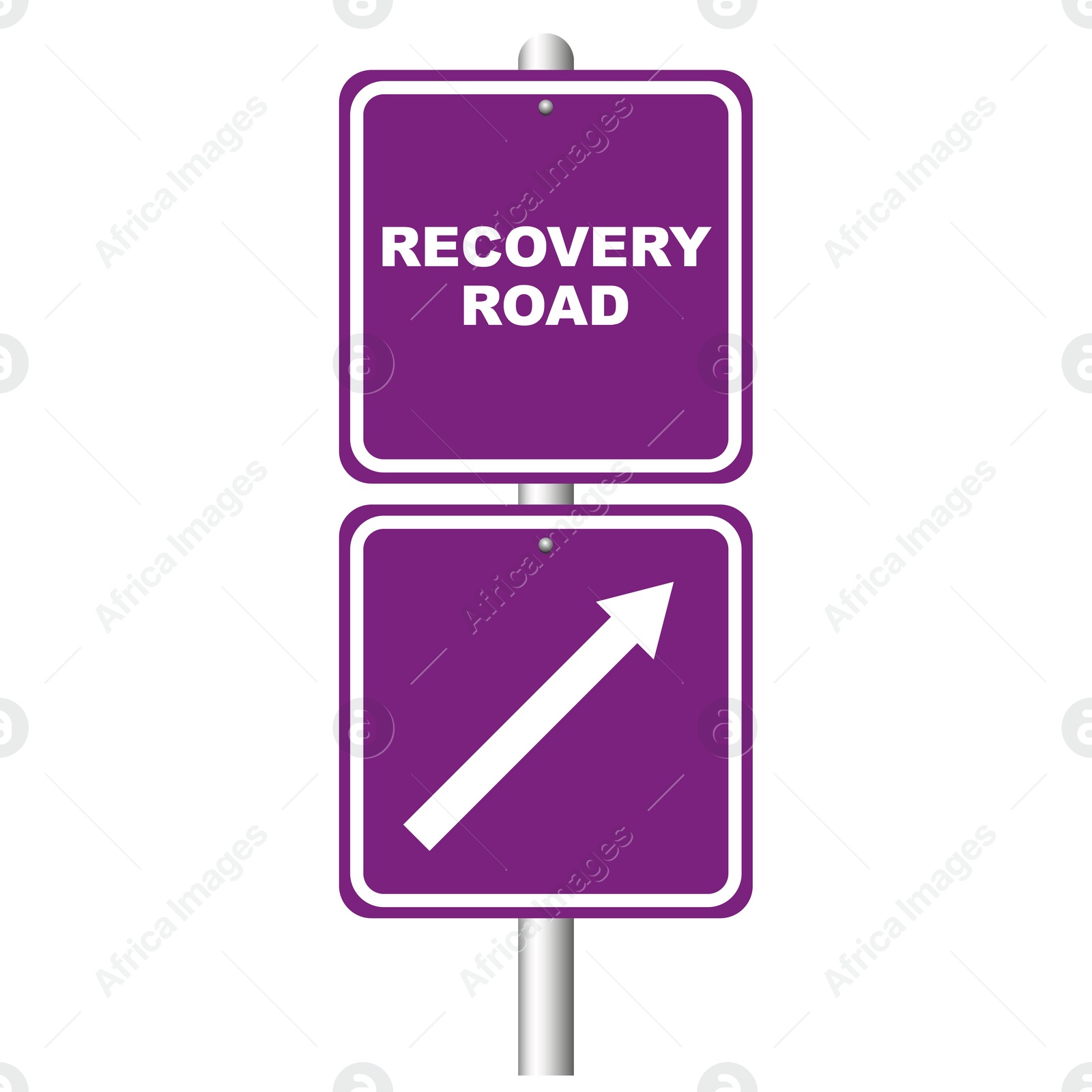 Illustration of Purple signpost with phrase Recovery Road and arrow on white background