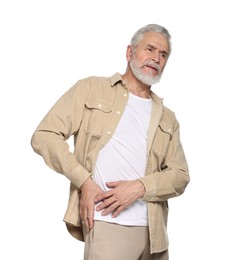 Photo of Arthritis symptoms. Man suffering from hip joint pain on white background