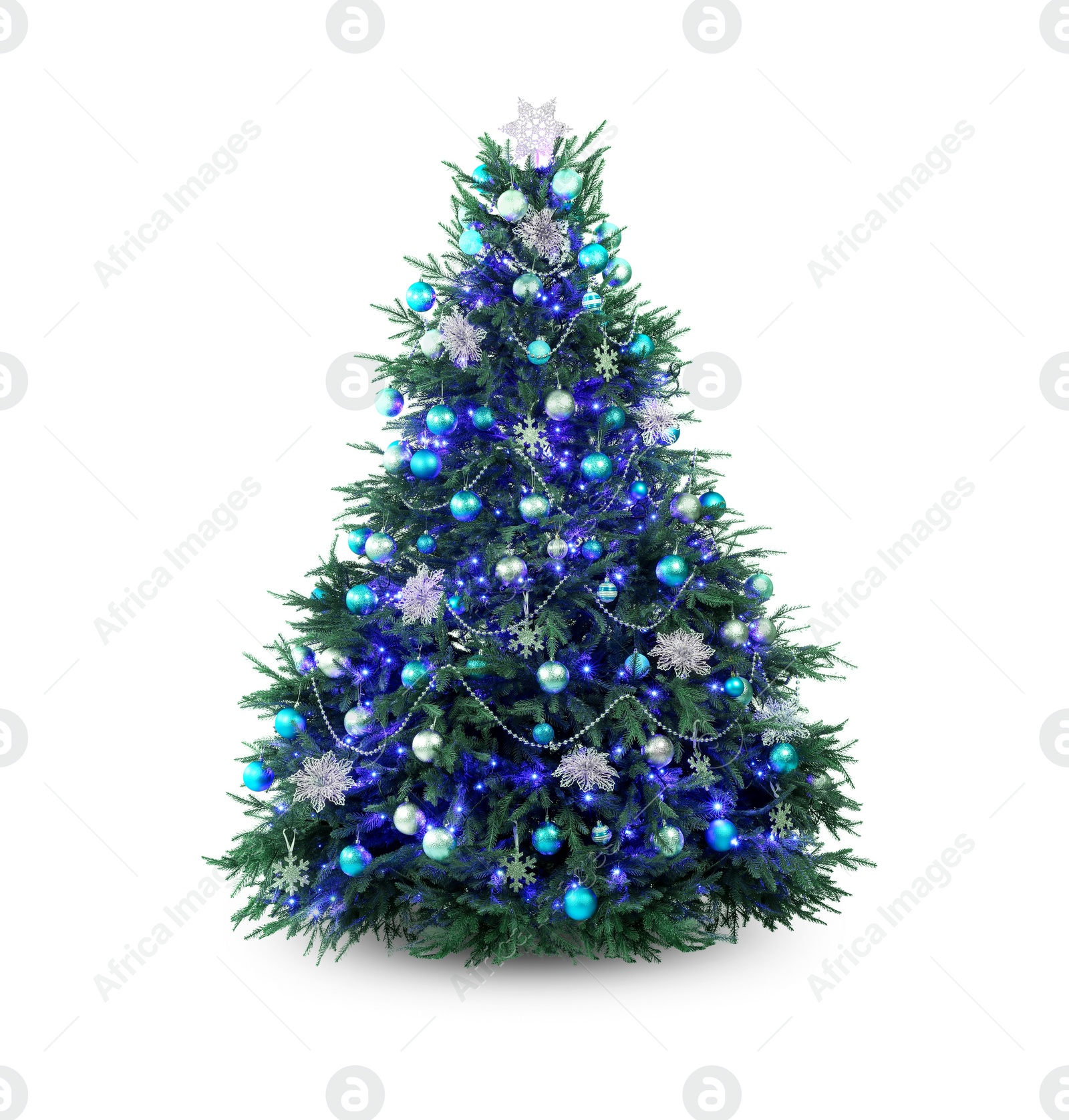 Photo of Beautiful Christmas tree decorated with ornaments and festive lights isolated on white