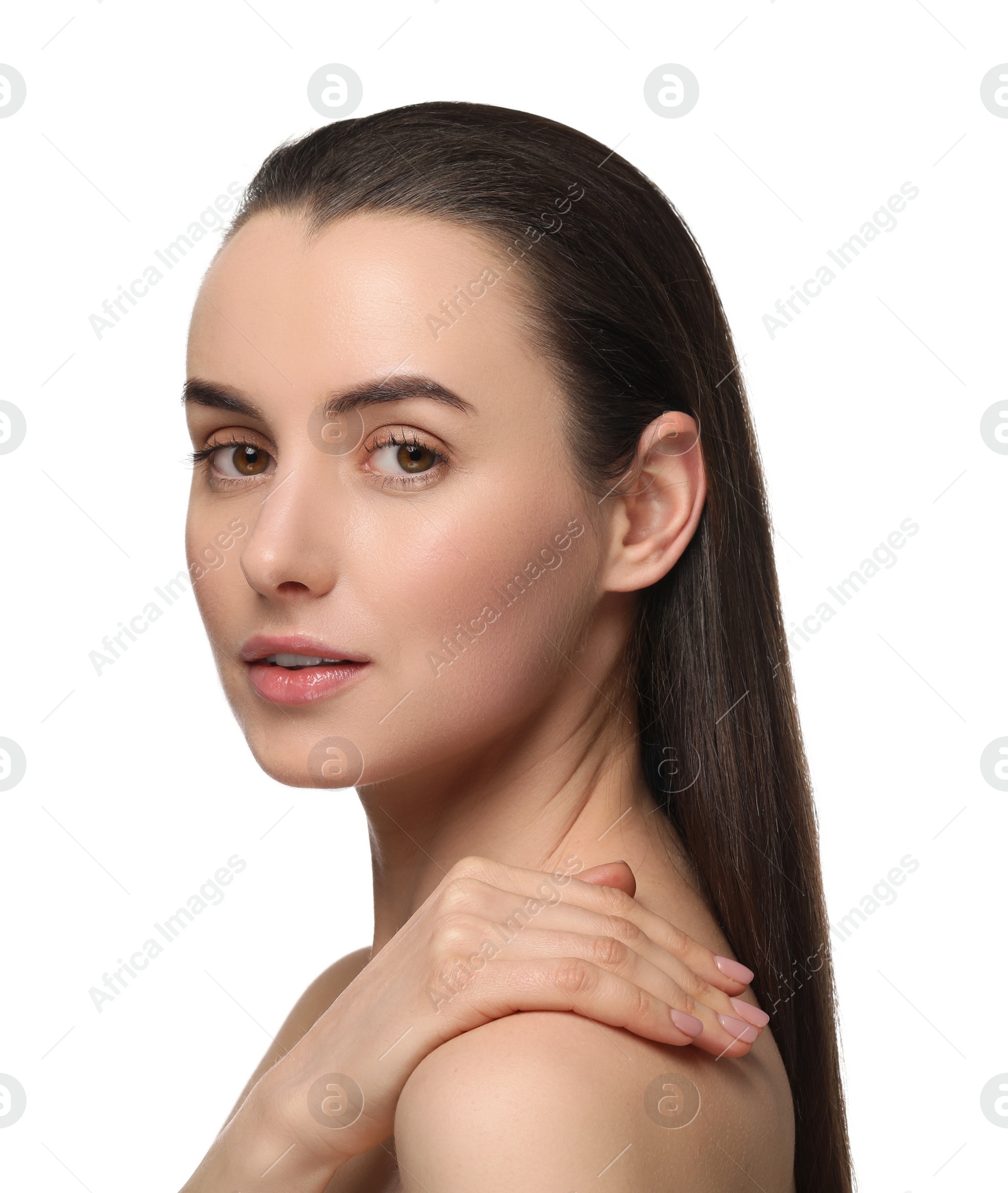 Photo of Portrait of beautiful young woman on white background