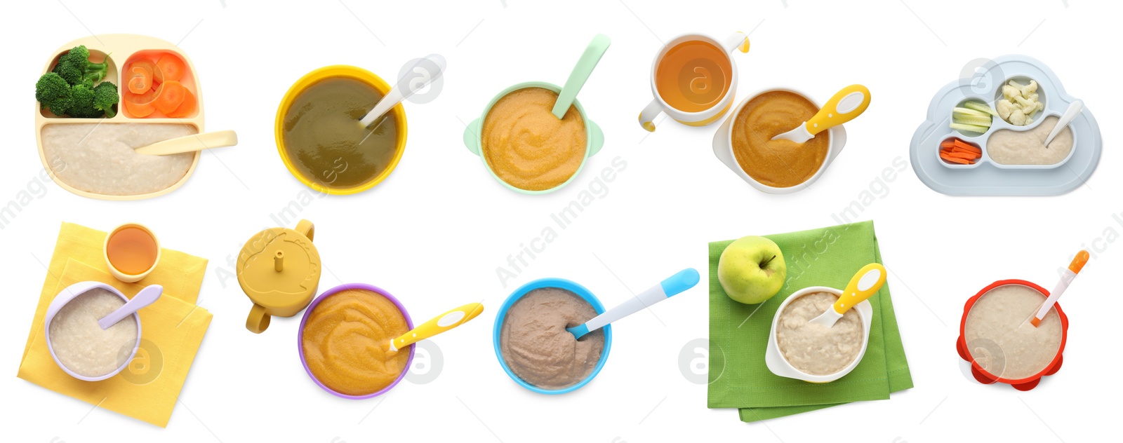 Image of Set with healthy baby food in different dishes on white background, top view. Banner design