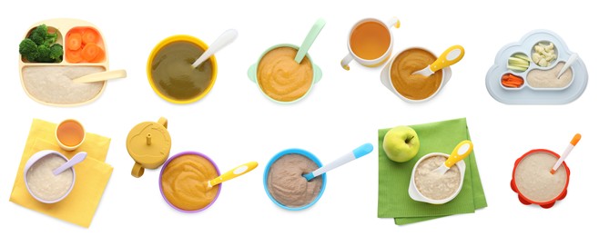 Image of Set with healthy baby food in different dishes on white background, top view. Banner design