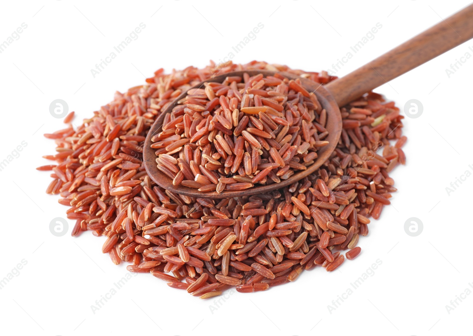 Photo of Brown rice and spoon isolated on white