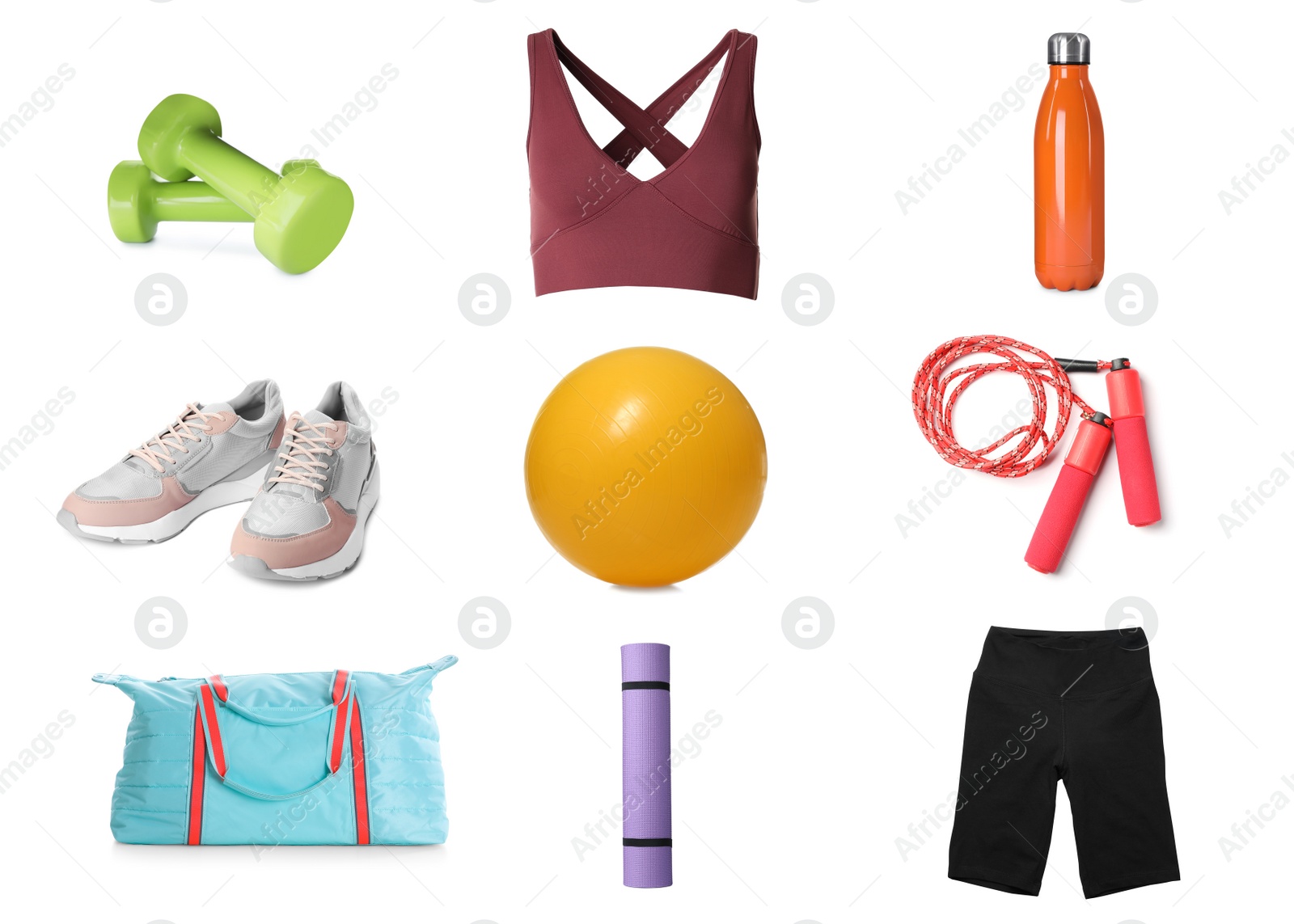 Image of Set with different fitness equipment on white background