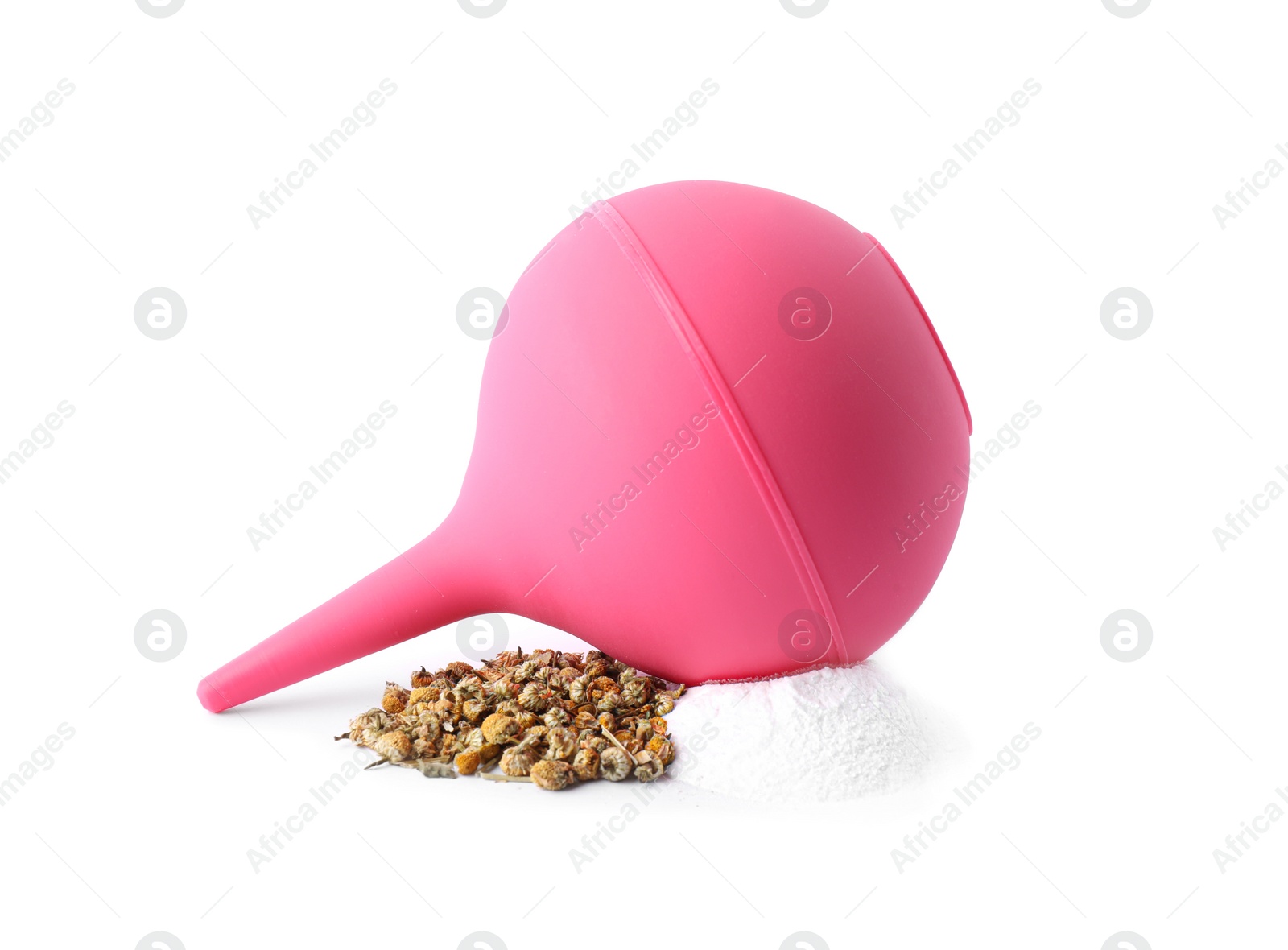 Photo of Pink enema, soda powder and dry chamomile flowers on white background