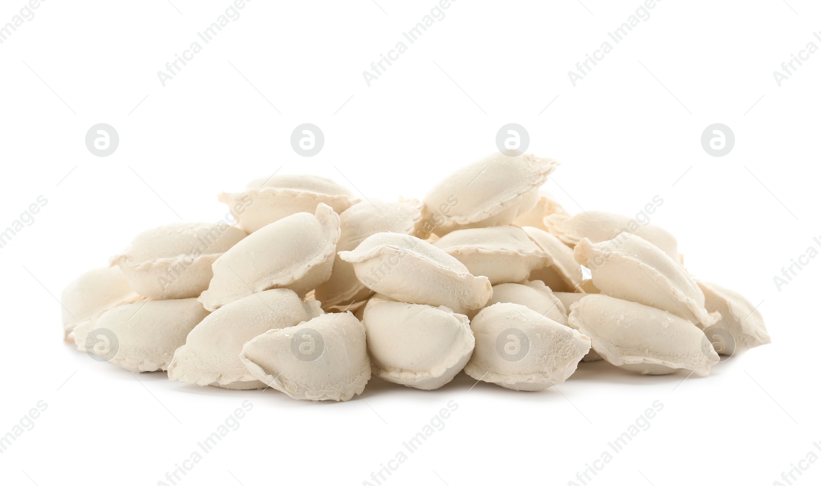 Photo of Heap of raw dumplings on white background