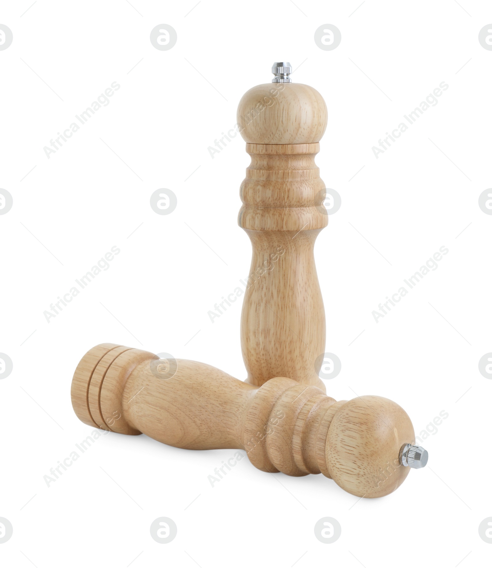 Photo of Wooden salt and pepper shakers isolated on white