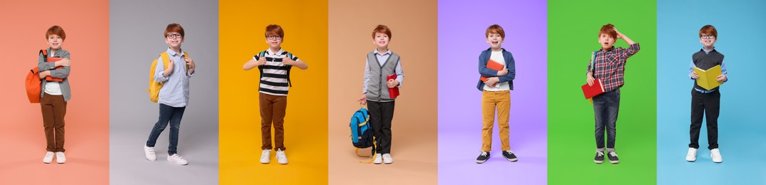 Image of Little schoolboy on color backgrounds, set of photos