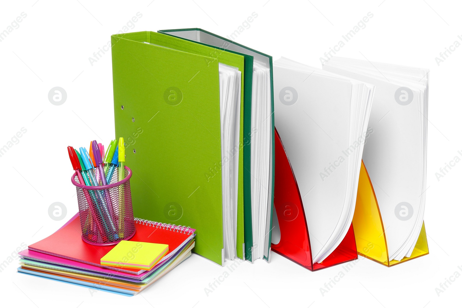 Photo of Bright office folders and different stationery isolated on white