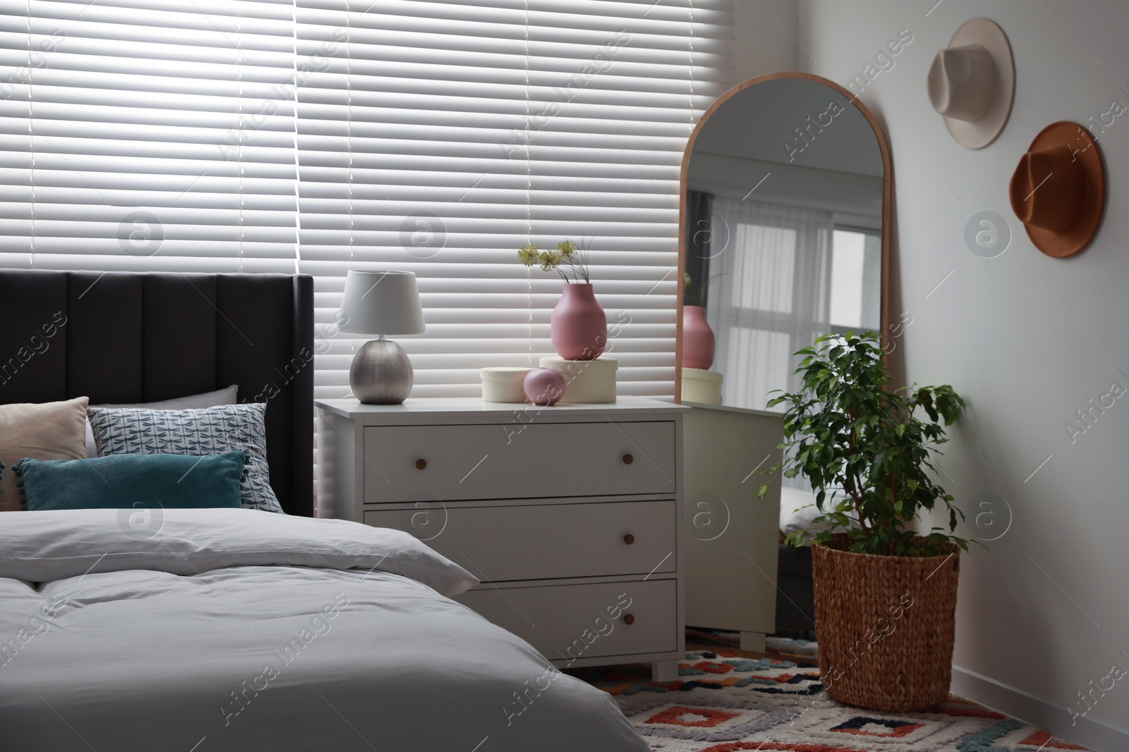 Photo of Comfortable bed with cushions, houseplant and chest of drawers in room. Stylish interior