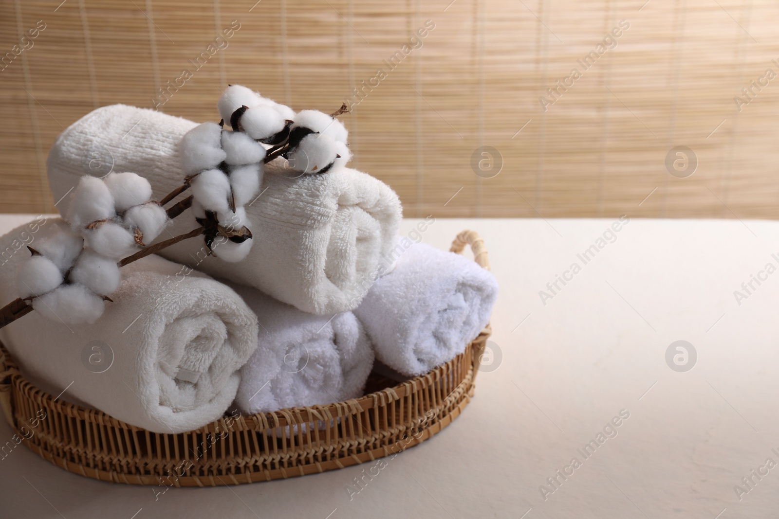 Photo of Rolled soft towels and cotton branch on white table indoors, space for text