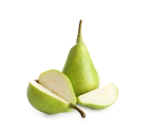 Photo of Whole and sliced pears on white background