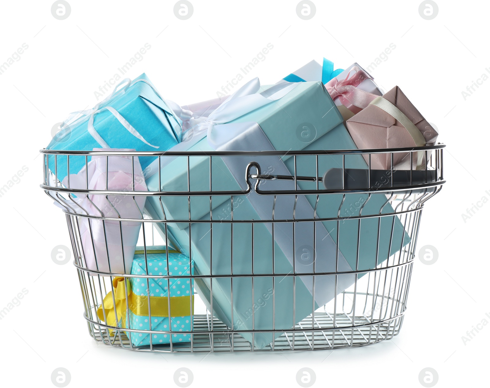 Photo of Shopping basket full of gift boxes on white background