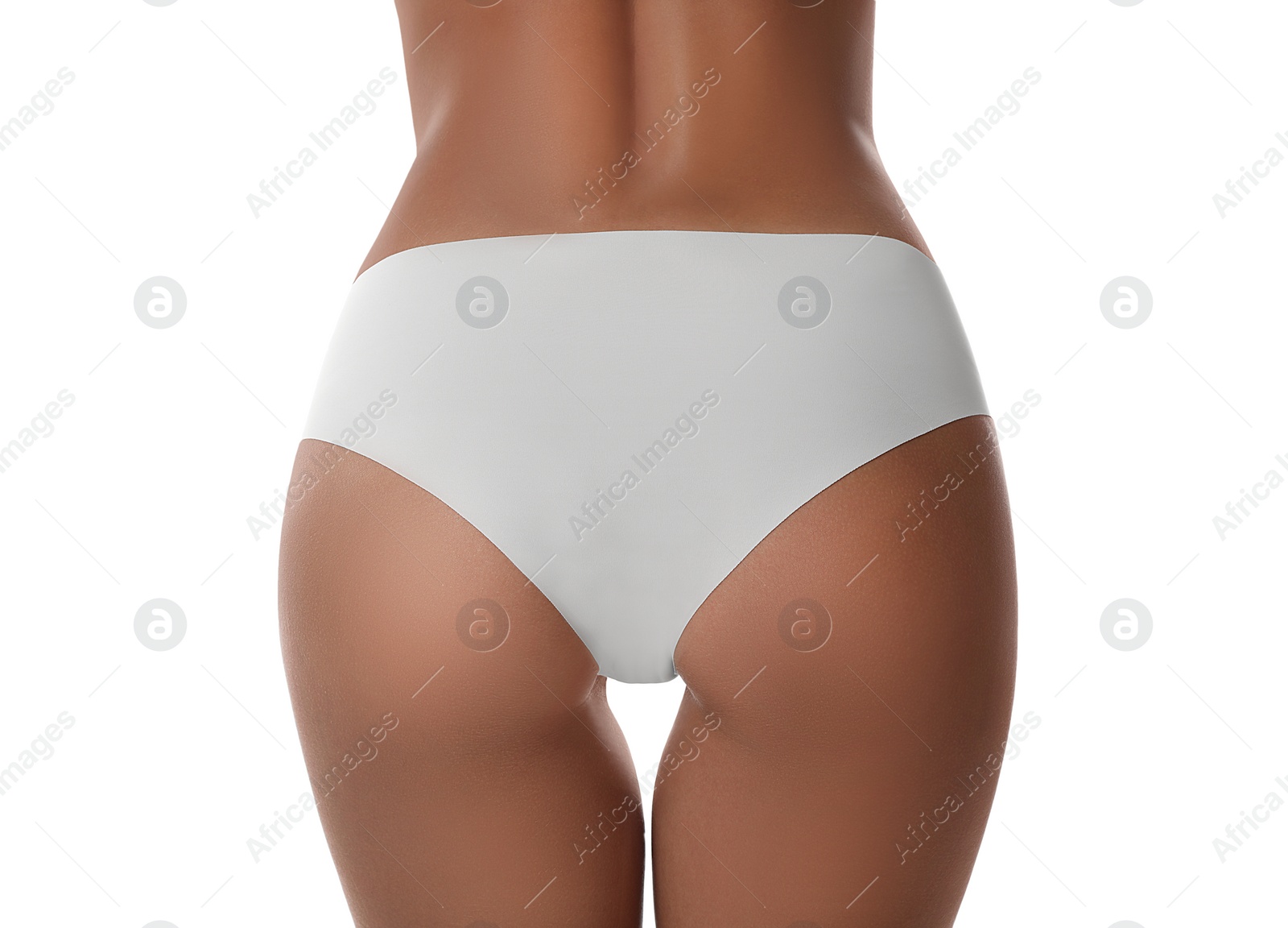 Photo of Woman in panties on white background, closeup. Back view