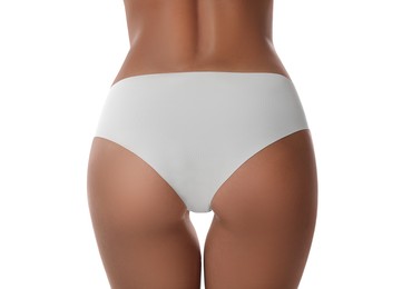 Woman in panties on white background, closeup. Back view