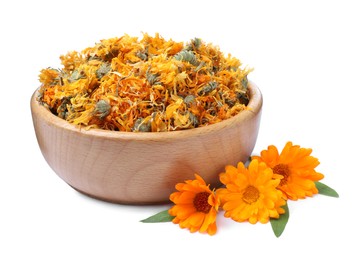 Wooden bowl with dry and fresh calendula flowers on white background