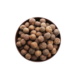 Photo of Bowl with allspice pepper grains on white background, top view