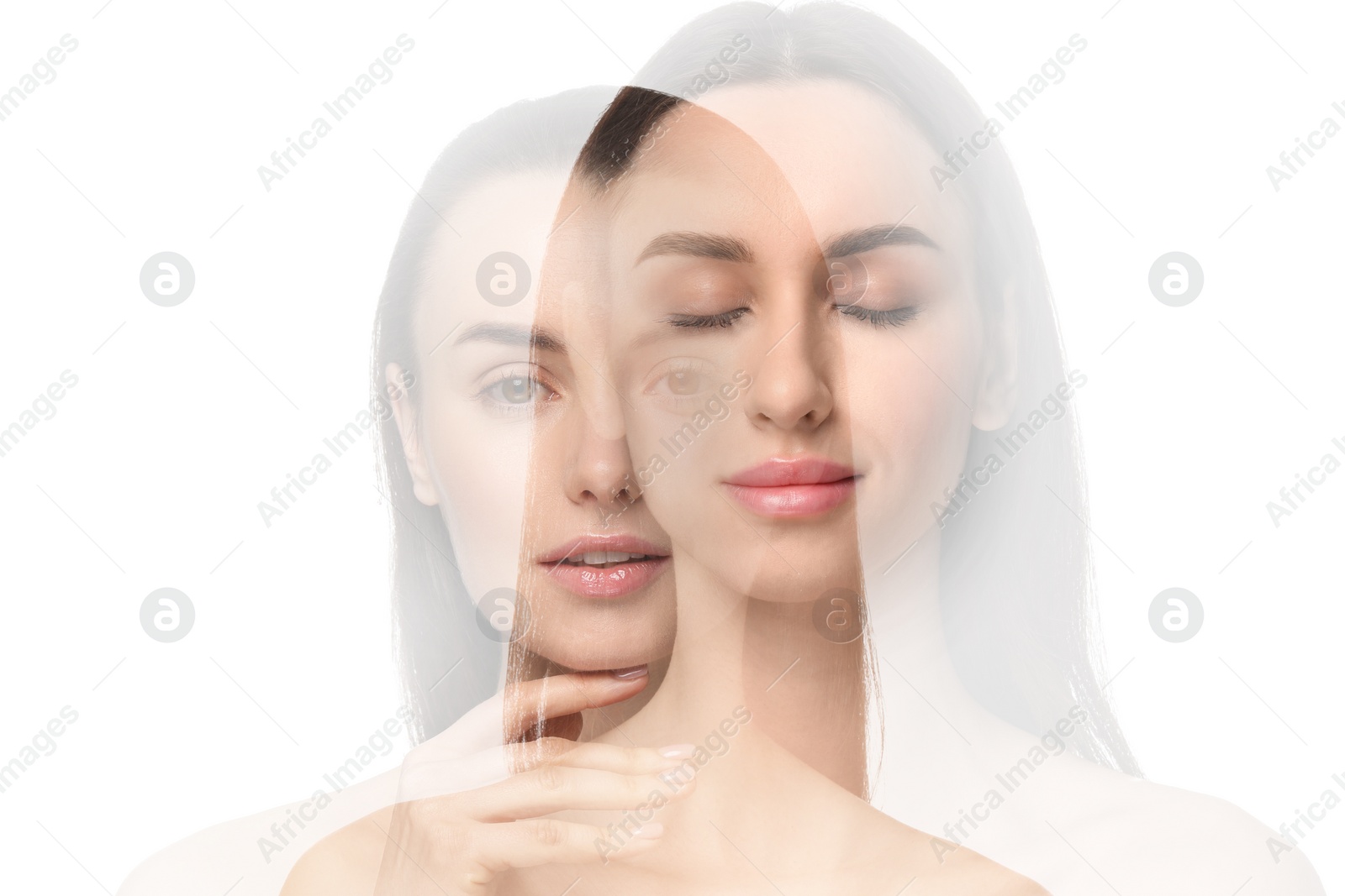 Image of Double exposure of beautiful women on white background