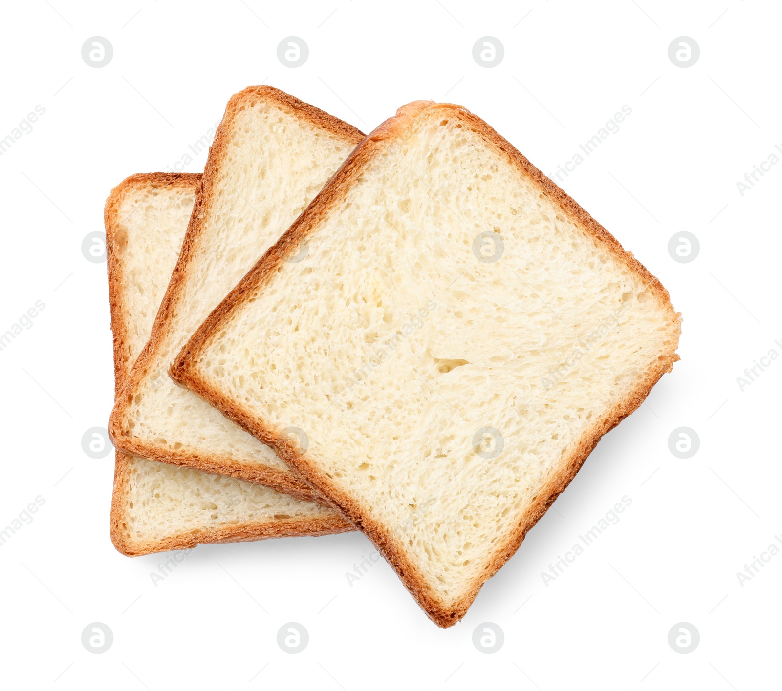 Photo of Pieces of fresh toast bread isolated on white, top view