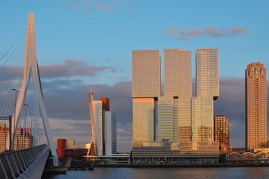 ROTTERDAM, NETHERLANDS - JUNE 16, 2019: Beautiful view of cityscape with famous De Rotterdam building