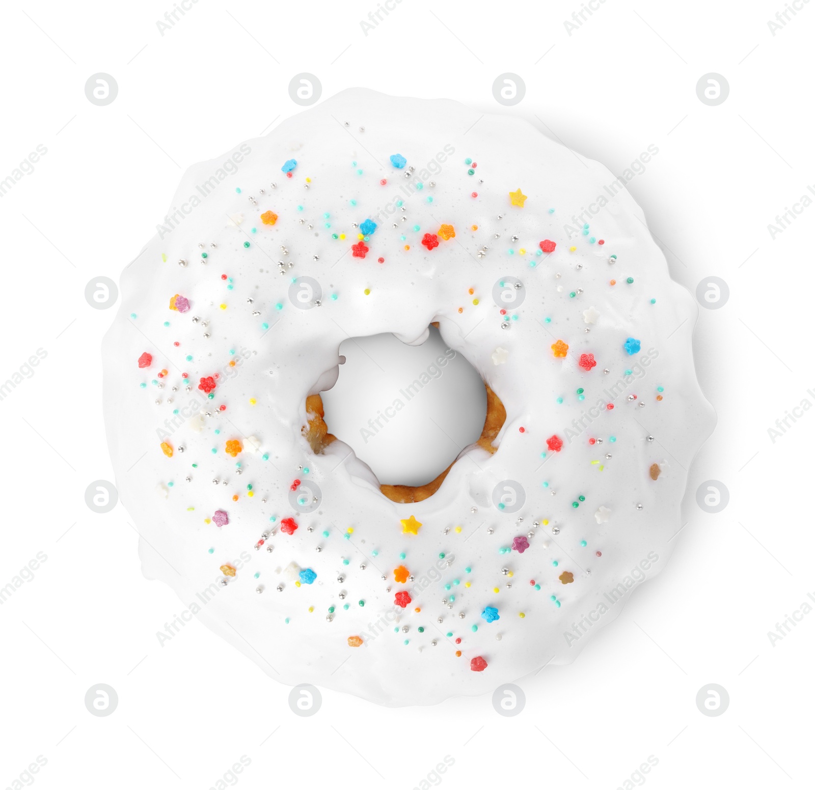 Photo of Easter cake with sprinkles isolated on white, top view