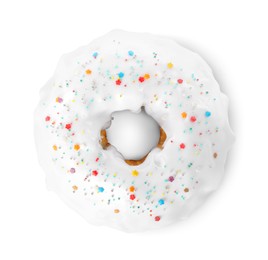 Photo of Easter cake with sprinkles isolated on white, top view