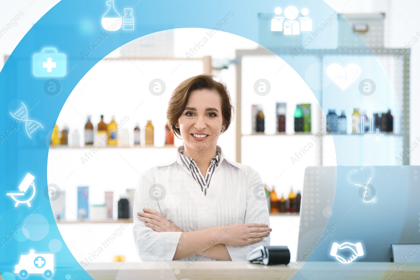 Image of Virtual icons and professional pharmacist in drugstore