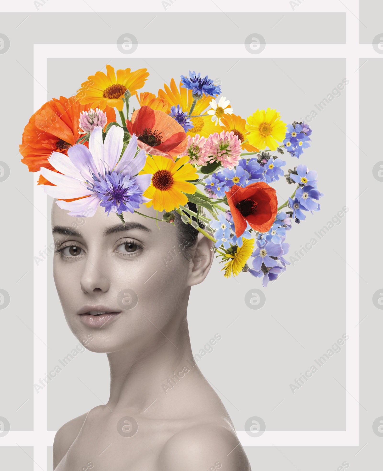 Image of Creative art collage with beautiful meadow flowers and woman on color background
