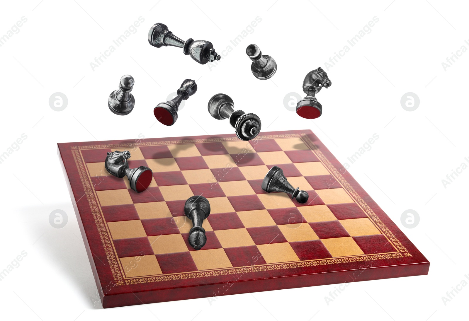Image of Chess pieces and wooden checkerboard in air on white background