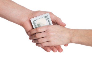 Photo of Money exchange. Man giving dollar banknotes to woman on white background, closeup