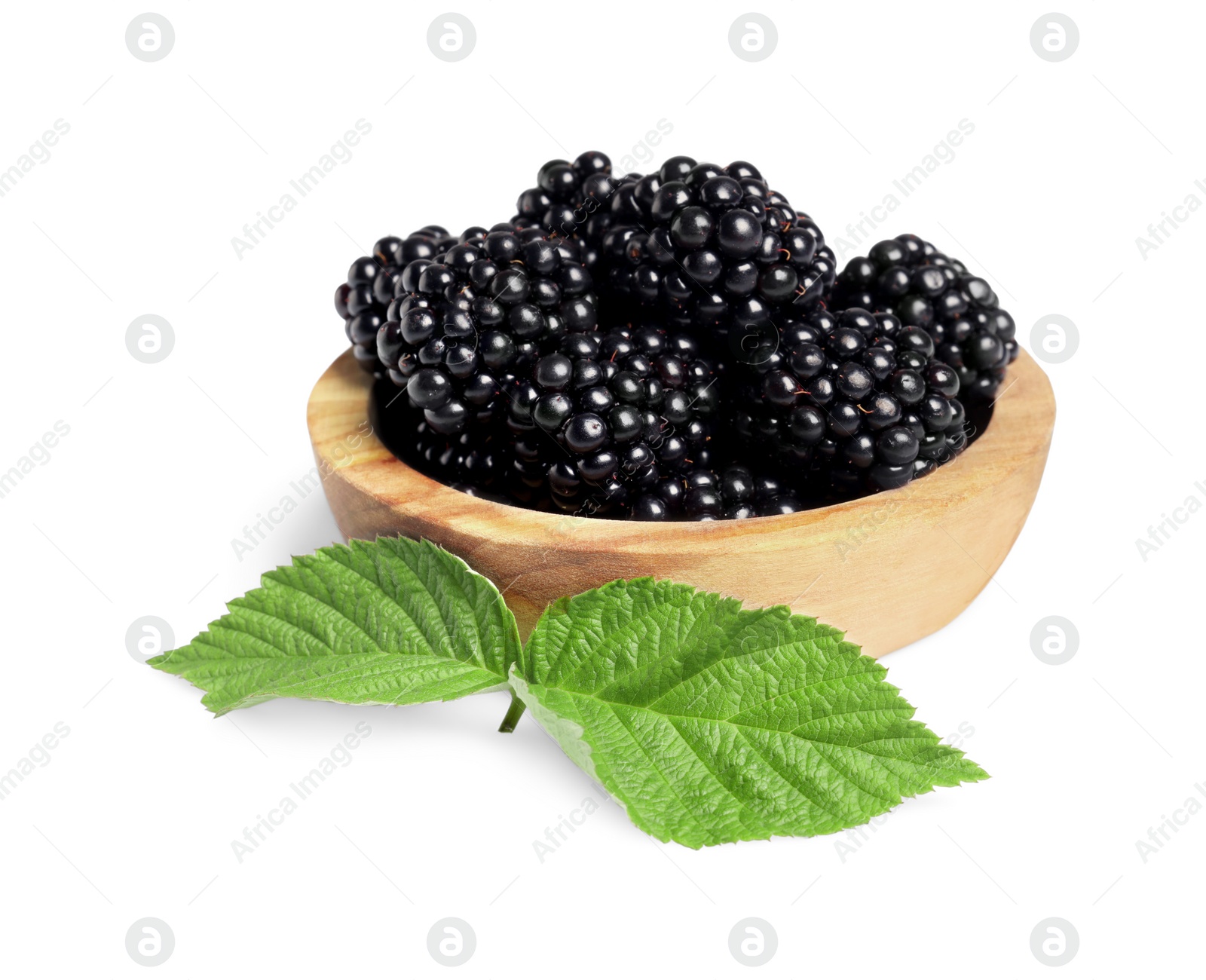 Photo of Bowl of ripe blackberries and green leaves isolated on white